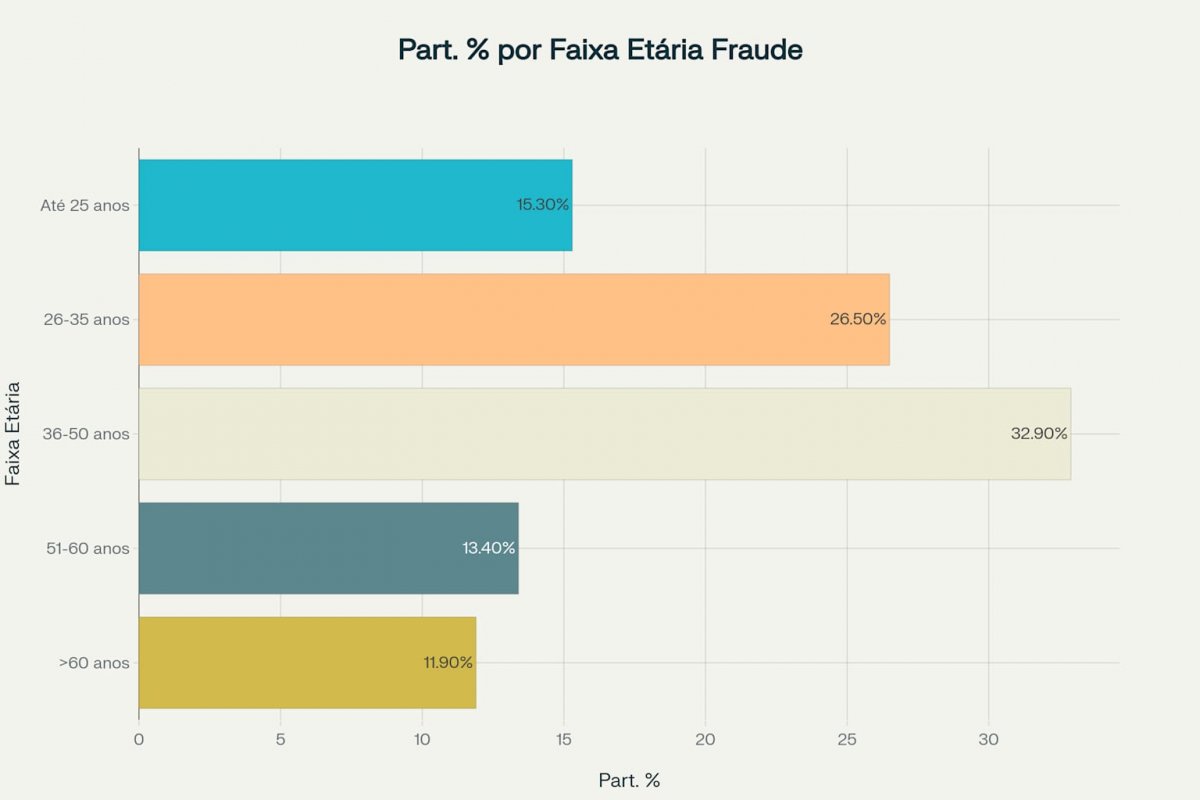 Gráfico de barras horizontais mostrando a participação percentual por faixa etária nas tentativas de fraude